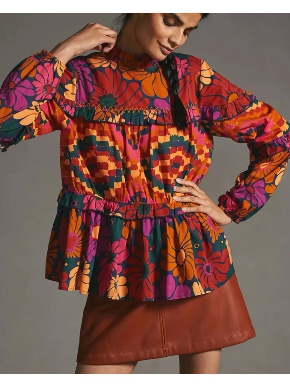 FARM Rio x Anthropologie Tiered Ruffle Long Sleeve Floral Blouse. L